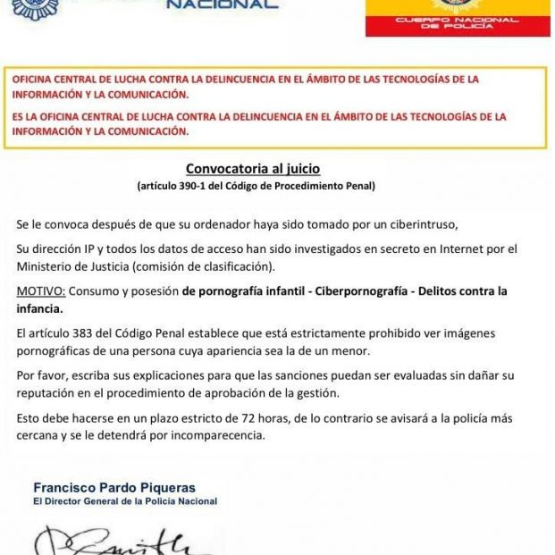 Mensaje falso enviado por los ciberdelincuentes