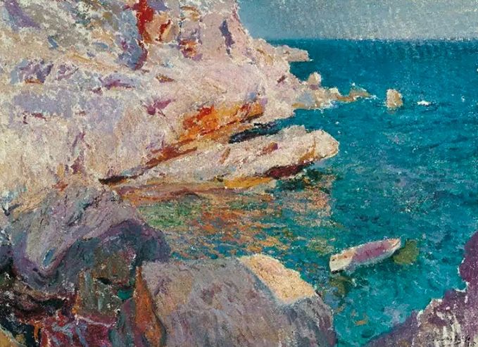 Joaquín Sorolla Rocas de Jávea y el bote blanco, 1905 Colección Carmen Thyssen-Bornemisza en préstamo gratuito al Museo Carmen Thyssen Málaga Joaquín Sorolla Rocas de Jávea y el bote blanco, 1905 Colección Carmen Thyssen-Bornemisza en préstamo gratuito al Museo Carmen Thyssen Málaga