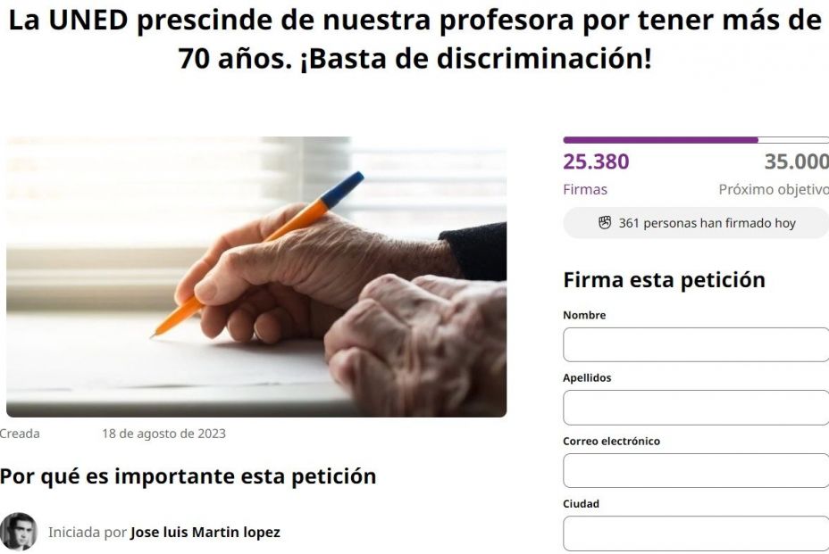 Un alumno de 80 años recoge 25.000 firmas para que la UNED no despida, por la edad, a su profesora Un alumno de 80 años recoge 25.000 firmas para que la UNED no despida, por la edad, a su profesora