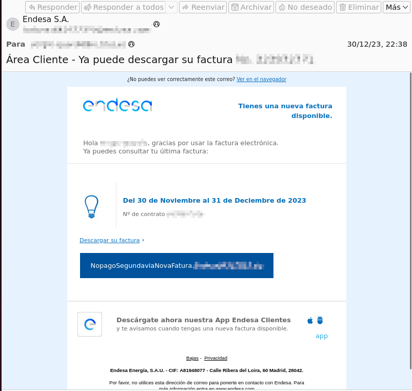 Alerta: este supuesto correo de Endesa es un fraude Alerta: este supuesto correo de Endesa es un fraude