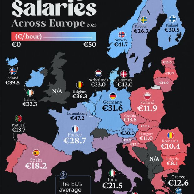 Mapa de salarios en Europa: Luxemburgo lidera la lista y España se queda por debajo de la media (Visual Capitalist) Mapa de salarios en Europa: Luxemburgo lidera la lista y España se queda por debajo de la media (Visual Capitalist)
