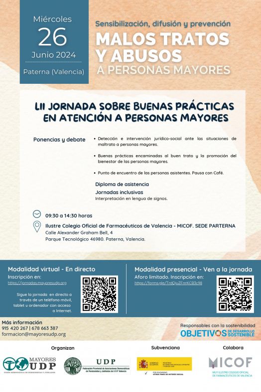 Paterna acogerá el 26 de junio la 52ª Jornada sobre buenas prácticas en atención a personas mayores (UDP)