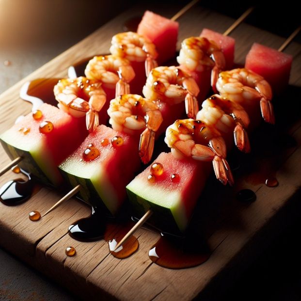 Brochetas de sandía y camarones Brochetas de sandía y camarones