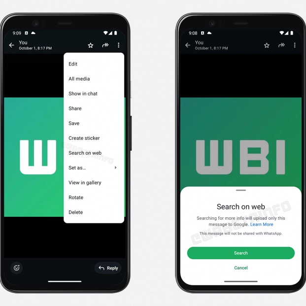 Nueva opción de buscar en Internet la imagen que nos hayan enviado por Whatsapp. Fuente: WaBetaInfo Nueva opción de buscar en Internet la imagen que nos hayan enviado por Whatsapp. Fuente: WaBetaInfo