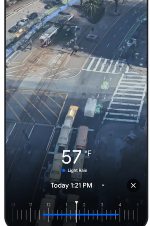 Información sobre el tiempo y el tráfico en "Vista inmersiva". Fuente: Google España Información sobre el tiempo y el tráfico en "Vista inmersiva". Fuente: Google España