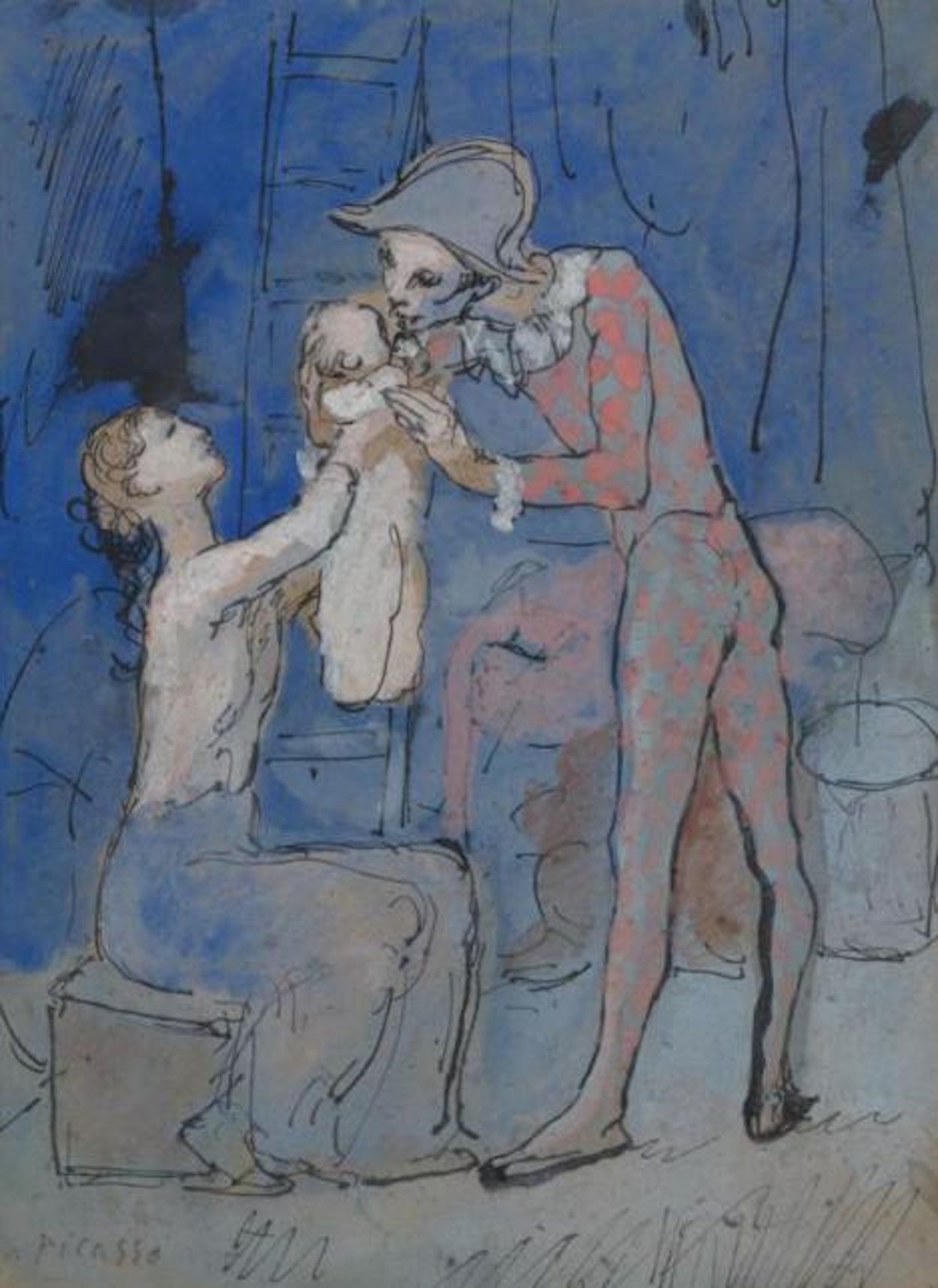 familia de arlequín gouahe tinta y cartón familia de arlequín gouahe tinta y cartón