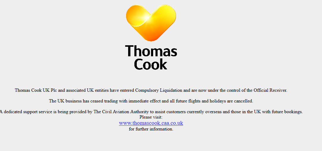 Mensaje en la web de Thomas Cook Mensaje en la web de Thomas Cook