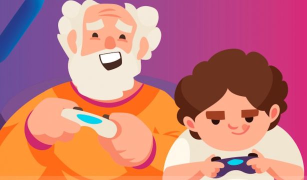 Personas mayores y niños se unen para jugar a videojuegos en Madrid