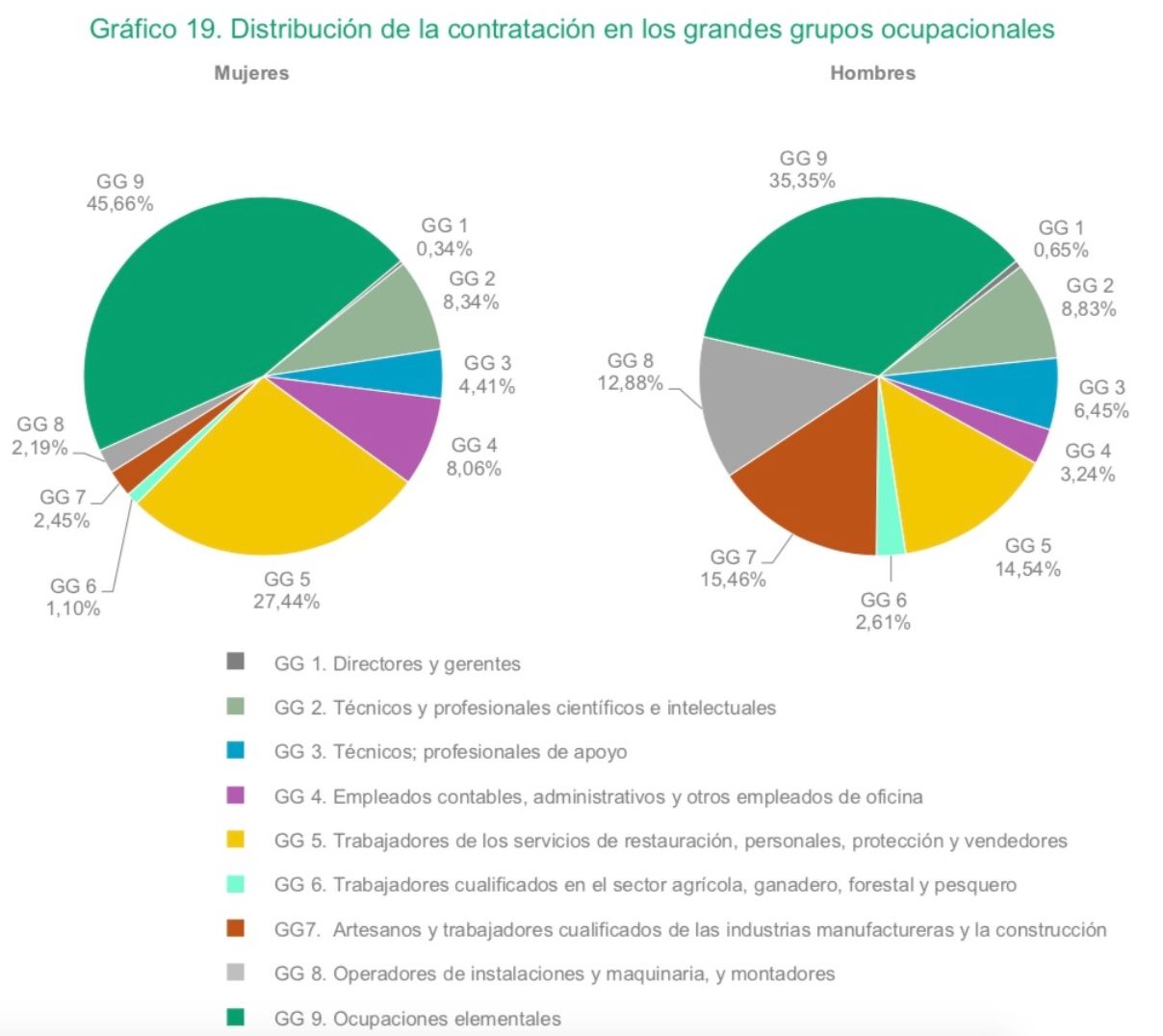 mujeres mayores 45, el 45,6 son ocupaciones elementales