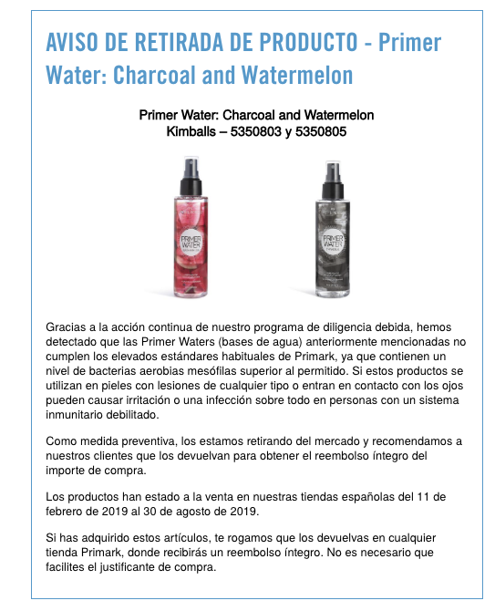 Aviso de retirada de producto de Primark Aviso de retirada de producto de Primark