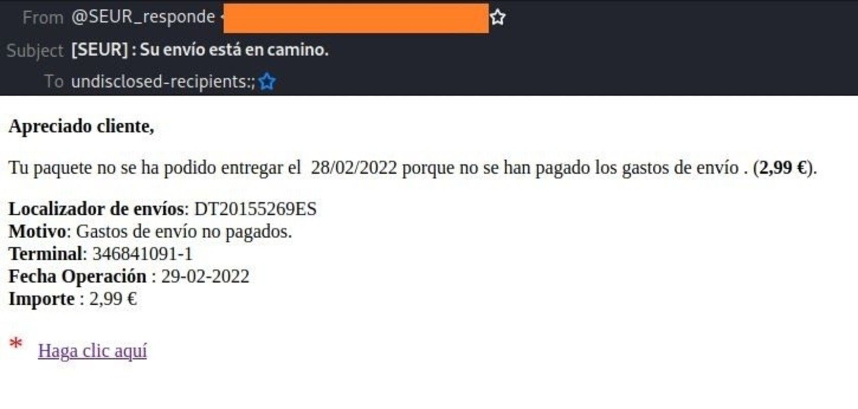 Correo fraudulento en intento de phising. Fuente: EuropaPress.