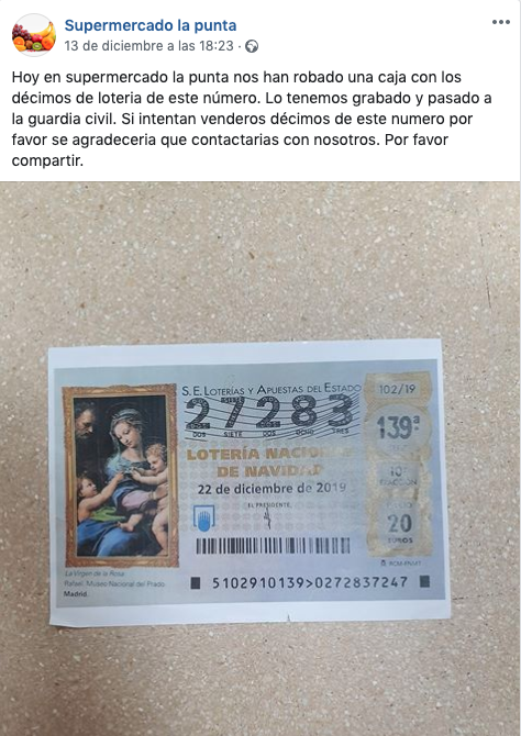 Publicación Facebook Supermercado Punto del Moral (Huelva) Publicación Facebook Supermercado Punto del Moral (Huelva)