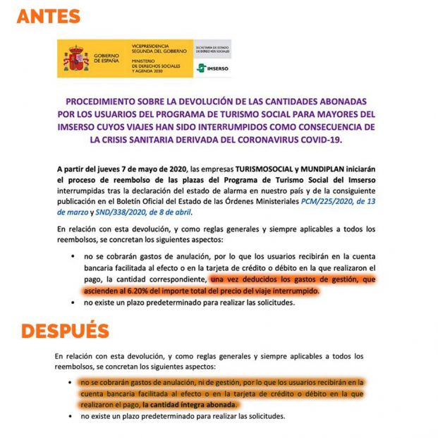 El Imserso rectifica y exige a las agencias que devuelvan íntegramente el dinero de los viajes El Imserso rectifica y exige a las agencias que devuelvan íntegramente el dinero de los viajes