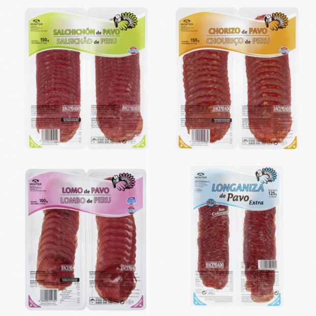Salchichón, chorizo, lomo y longaniza de pavo Hacedando en lonchas Salchichón, chorizo, lomo y longaniza de pavo Hacedando en lonchas