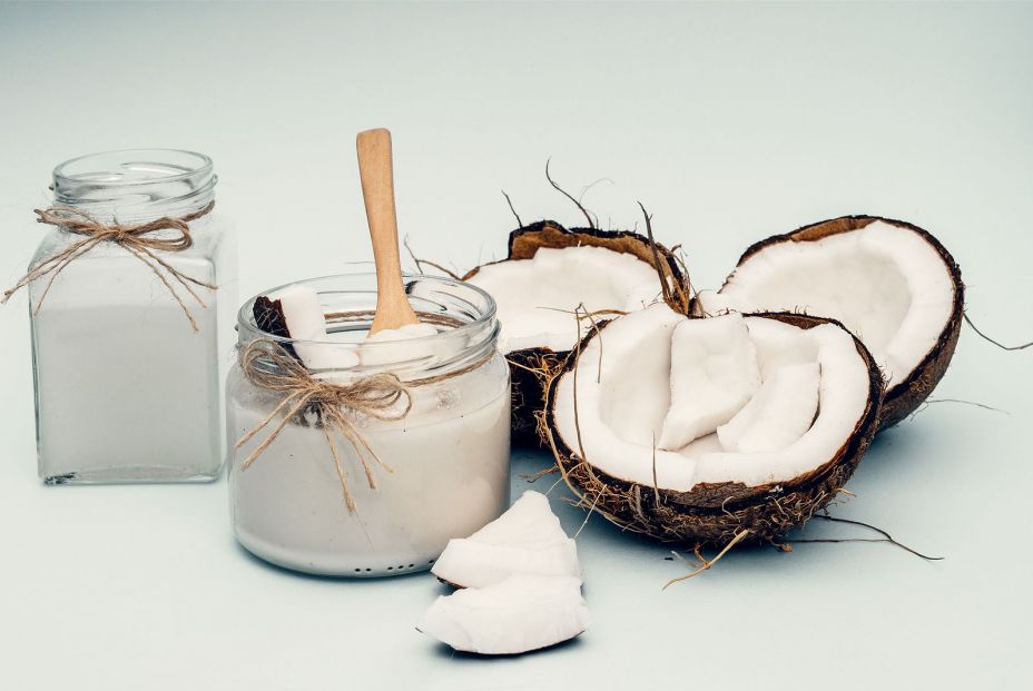 bigstock Parts Of Coconut On A Colored374774842