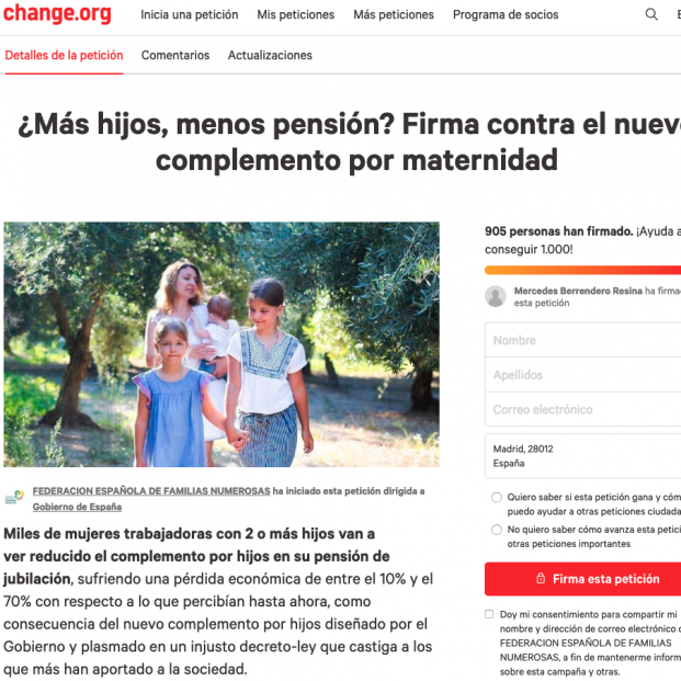 Petición en Change.org de las familias numerosas contra el complemento de maternidad Petición en Change.org de las familias numerosas contra el complemento de maternidad