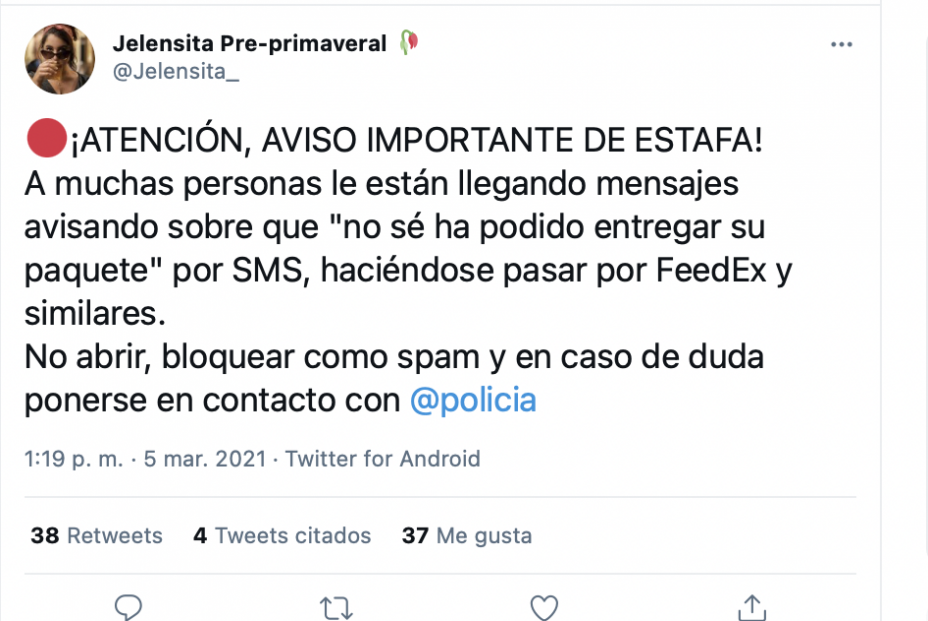 Tuit de un usuario que avisa de la estafa por móvil de FedEx