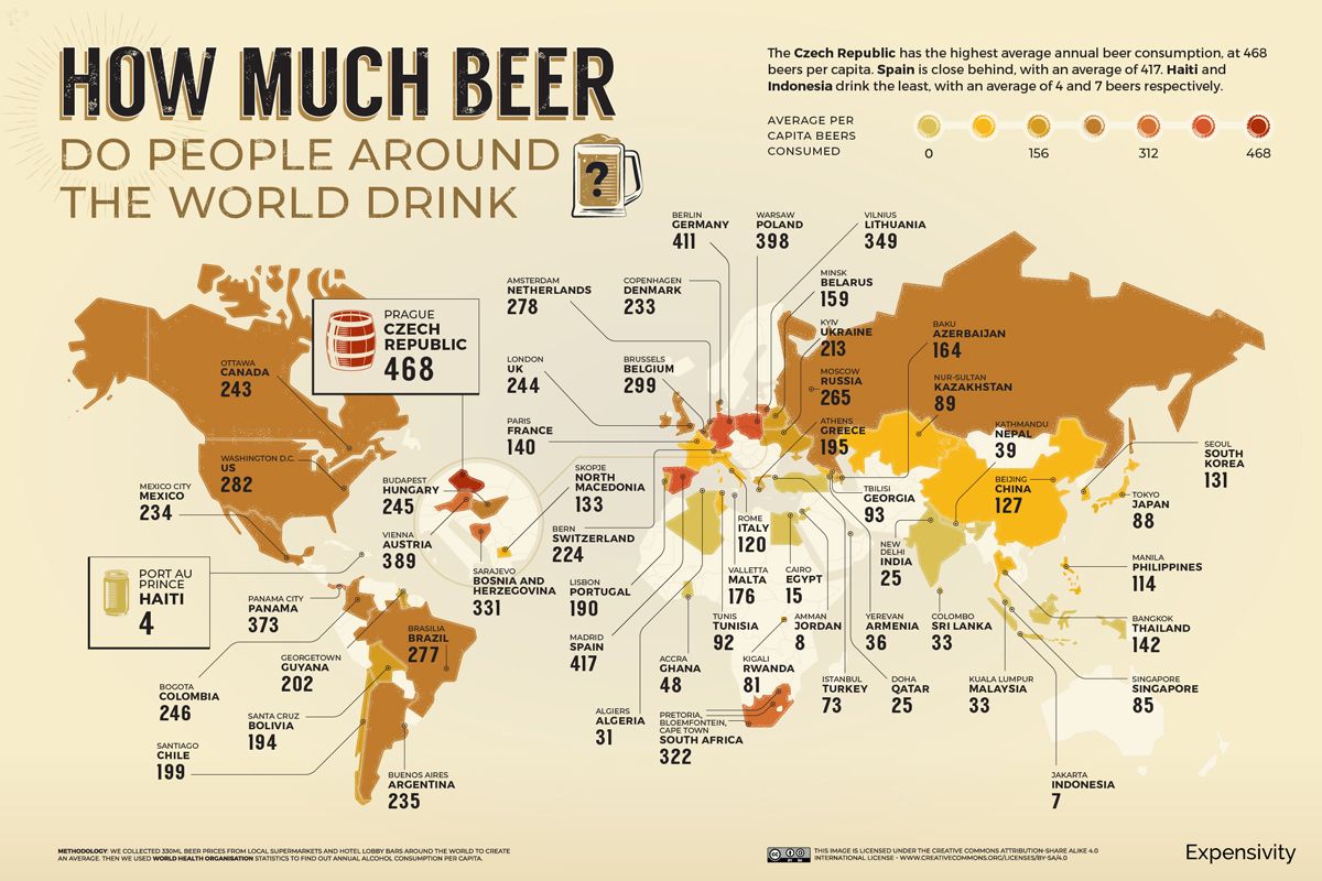 How Much Beer Do People Drink Map avg consumed. Imagen: Expensivity How Much Beer Do People Drink Map avg consumed. Imagen: Expensivity