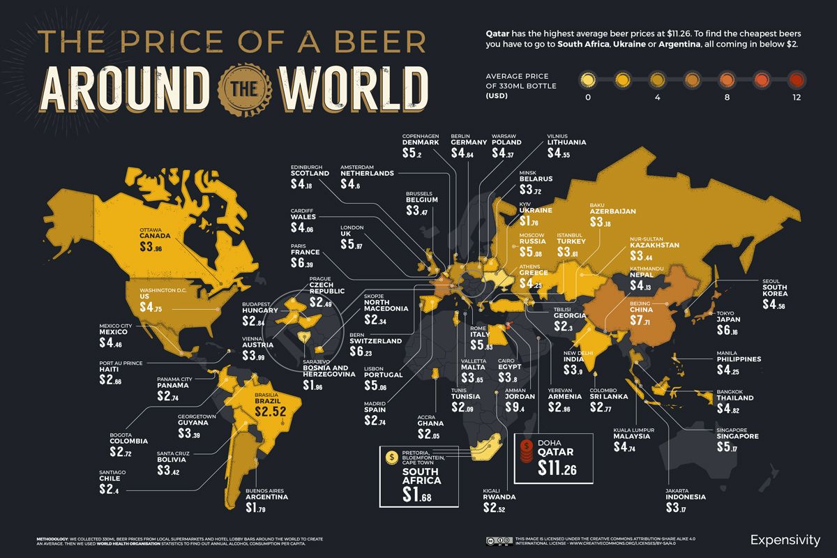 Mapa del precio de la cerveza en el mundo. Imagen: Expensivity Mapa del precio de la cerveza en el mundo. Imagen: Expensivity