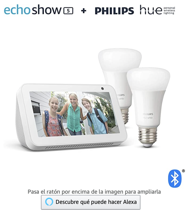 Echo Show 5, blanco + Philips Hue White Pack de 2 bombillas LED inteligentes. Echo Show 5, blanco + Philips Hue White Pack de 2 bombillas LED inteligentes.