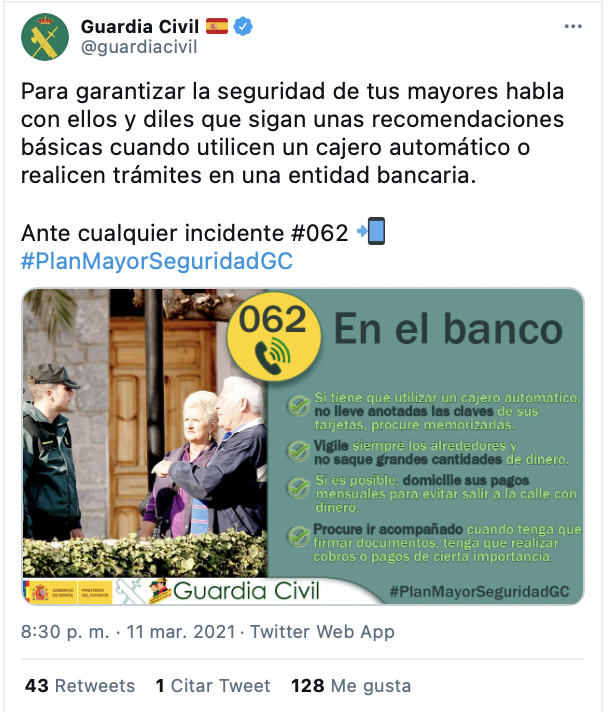 Tuit de la Guardia Civil sobre las recomendaciones para sacar dinero de manera segura Tuit de la Guardia Civil sobre las recomendaciones para sacar dinero de manera segura