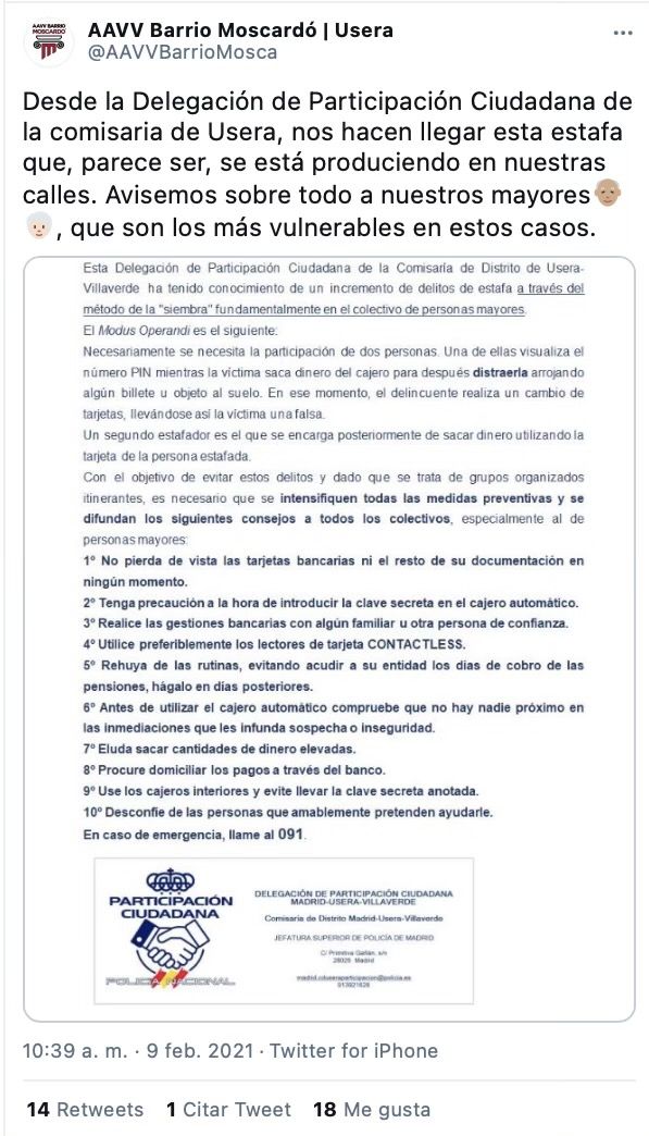 Tuit de la Policía con los consejos para evitar robos en cajeros automáticos Tuit de la Policía con los consejos para evitar robos en cajeros automáticos