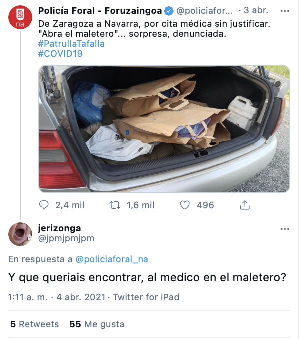 Tuit que reprocha la actuación de abrir el maletero de la denunciada