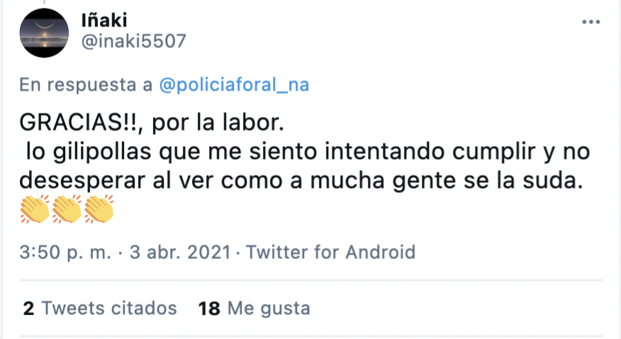 Usuario que aplaude a los policías por denunciar a los que no cumplen con las restricciones