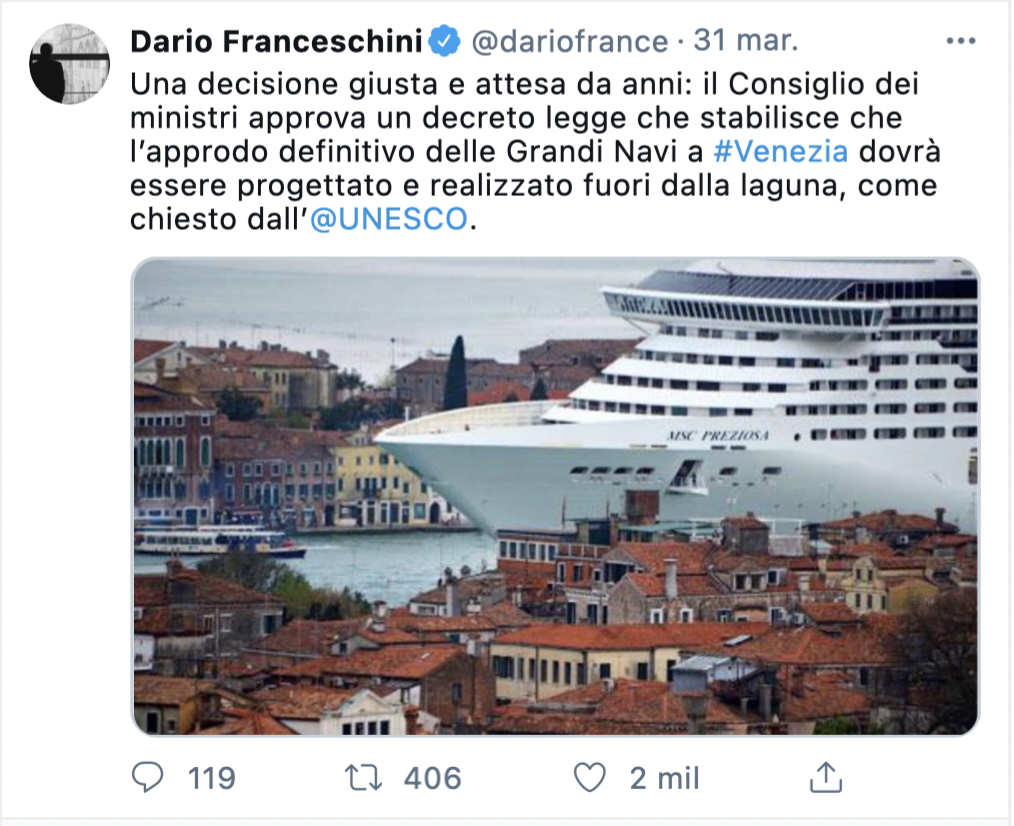Tuit del ministro de Cultura de Italia, Dario Franceschini, ante la decisión de alejar los grandes buques de la laguna de Venecia Tuit del ministro de Cultura de Italia, Dario Franceschini, ante la decisión de alejar los grandes buques de la laguna de Venecia