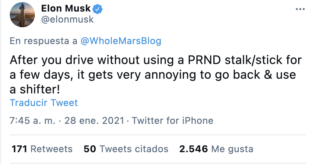 Tuit Elon Musk sobre la eliminación del cambio de marchas Tuit Elon Musk sobre la eliminación del cambio de marchas