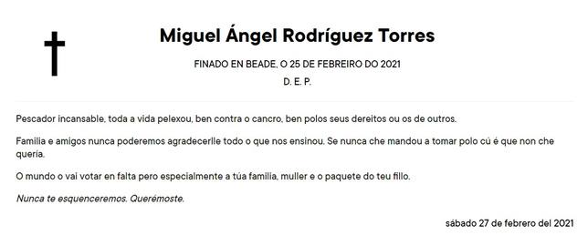 Esquela Miguel Ángel Rodríguez Torres (Faro de Vigo) Esquela Miguel Ángel Rodríguez Torres (Faro de Vigo)