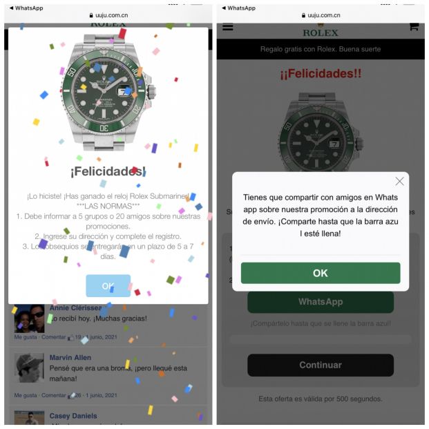 Los ciberdelincuentes hacen creer al usuario que ha ganado un lujoso Rolex (Foto: Panda Security) Los ciberdelincuentes hacen creer al usuario que ha ganado un lujoso Rolex (Foto: Panda Security)