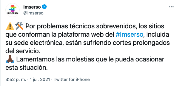 Mensaje del Imserso en Twitter Mensaje del Imserso en Twitter