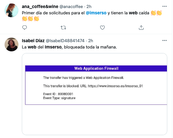 Mensajes en las redes sociales sobre la caída de la web del Imserso Mensajes en las redes sociales sobre la caída de la web del Imserso