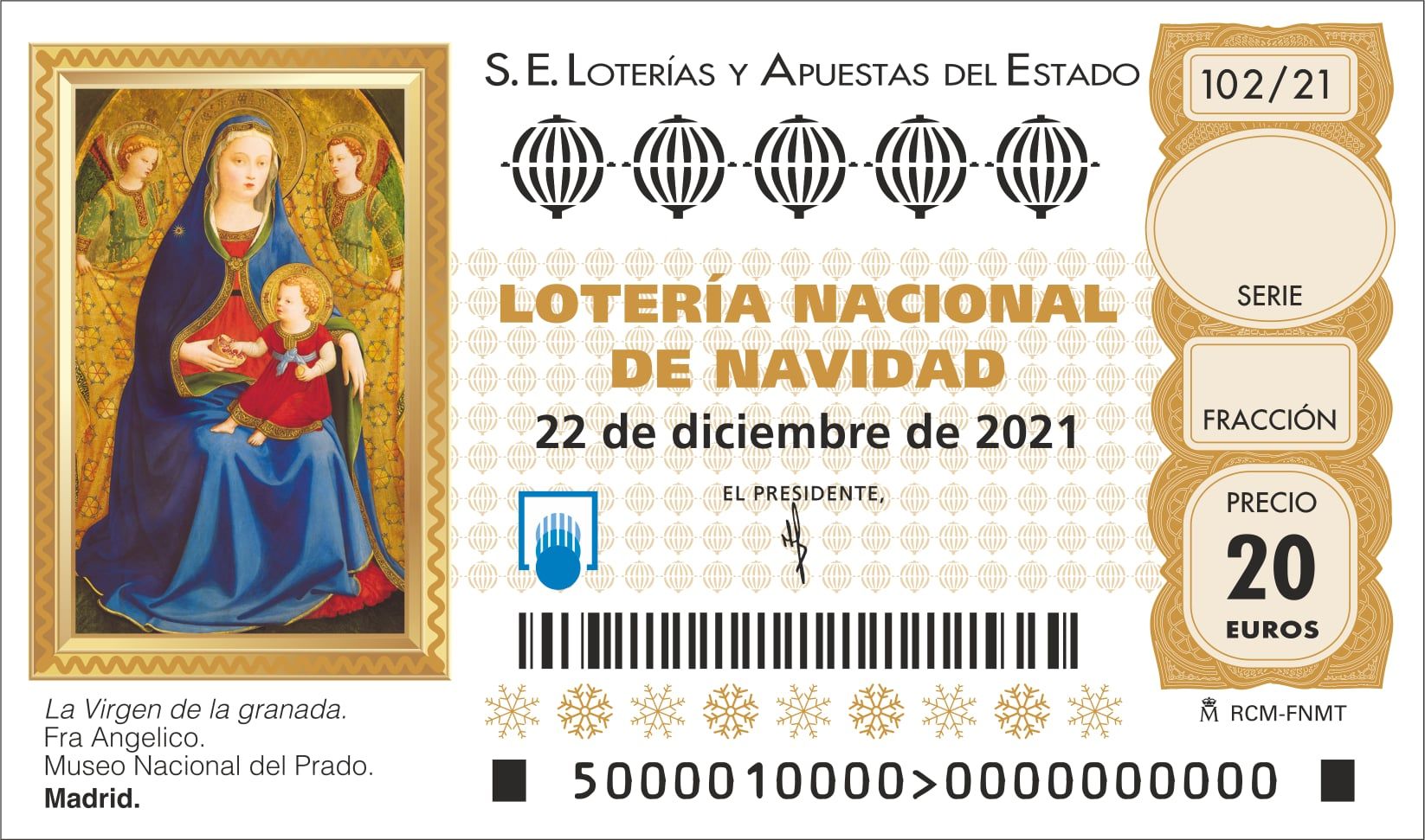 La obra que ilustra el décimo de la Lotería de Navidad 2021 es 'La Virgen de la granada'. Foto: SELAE. La obra que ilustra el décimo de la Lotería de Navidad 2021 es 'La Virgen de la granada'. Foto: SELAE.