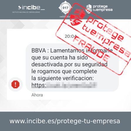 SMS fraudulento sobre la estafa que suplanta la identidad de BBVA. Foto: Incibe SMS fraudulento sobre la estafa que suplanta la identidad de BBVA. Foto: Incibe