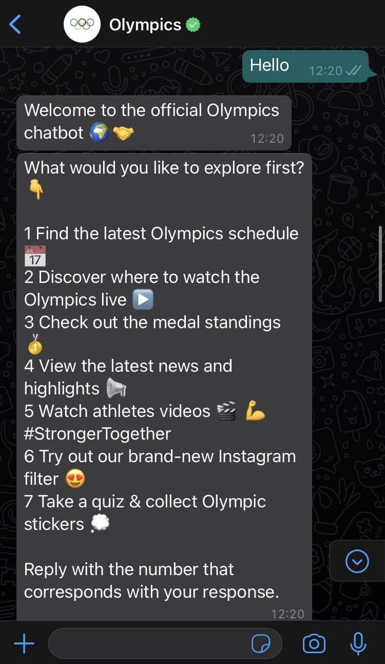 Mensaje del chatbot de WhatsApp que informa sobre los JJOO Mensaje del chatbot de WhatsApp que informa sobre los JJOO