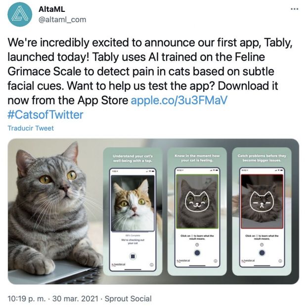 Tuit de la empresa AltaML anunciando el lanzamiento de la app 'Yably' Tuit de la empresa AltaML anunciando el lanzamiento de la app 'Yably'