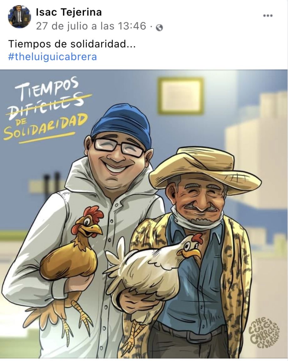 Publicación de Isac Tejerina en Facebook con una ilustración de 'The Luigui Cabrera' sobre el doctor, el paciente y las dos gallinas Publicación de Isac Tejerina en Facebook con una ilustración de 'The Luigui Cabrera' sobre el doctor, el paciente y las dos gallinas