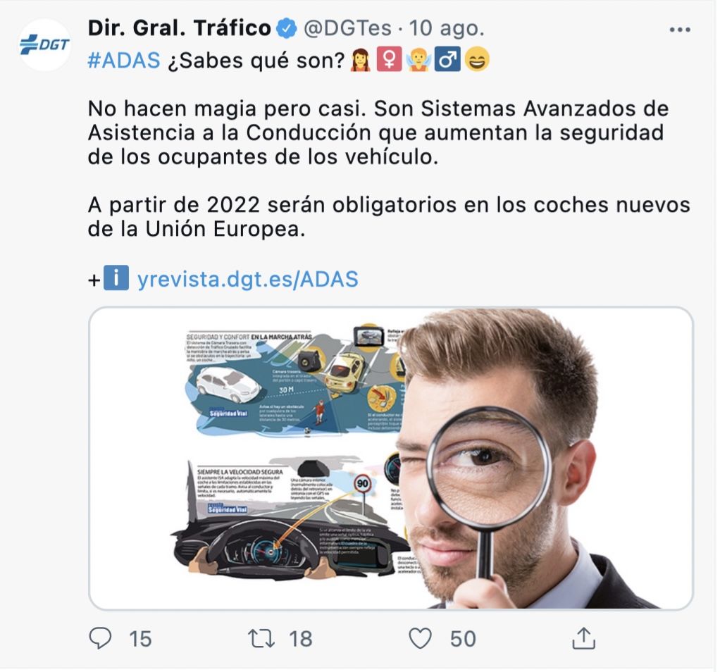La DGT informa sobre los 8 sistemas que serán obligatorios en el coche a partir de 2022. Foto: Twitter