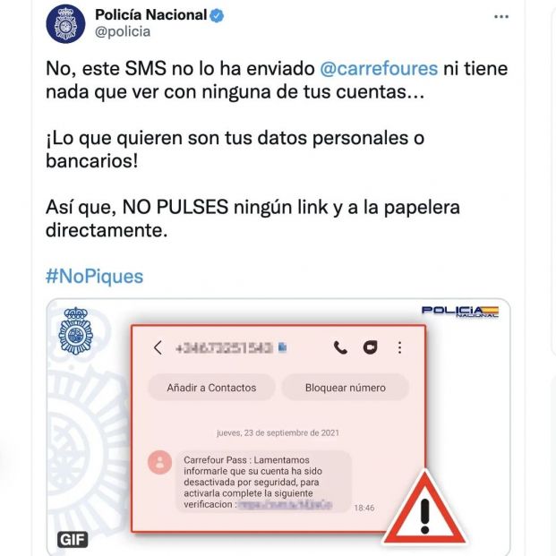 La policía advierte sobre una estafa que suplanta la identidad de Carrefour (Foto: Twitter) La policía advierte sobre una estafa que suplanta la identidad de Carrefour (Foto: Twitter)