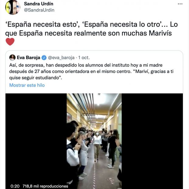 Tuit sobre la despedida que le hacen los alumnos a la orientadora. "España necesita muchas Marivís" (Foto: Twitter. @SandraUrdin) Tuit sobre la despedida que le hacen los alumnos a la orientadora. "España necesita muchas Marivís" (Foto: Twitter. @SandraUrdin)