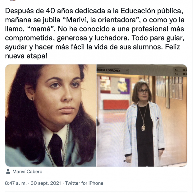 Tuit emotivo de Eva Baroja hacia su madre el día de su jubilación (Foto: Twitter. @eva_baroja) Tuit emotivo de Eva Baroja hacia su madre el día de su jubilación (Foto: Twitter. @eva_baroja)