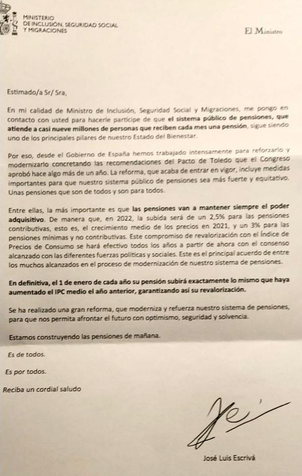 Carta de Escrivá a los pensionistas Carta de Escrivá a los pensionistas